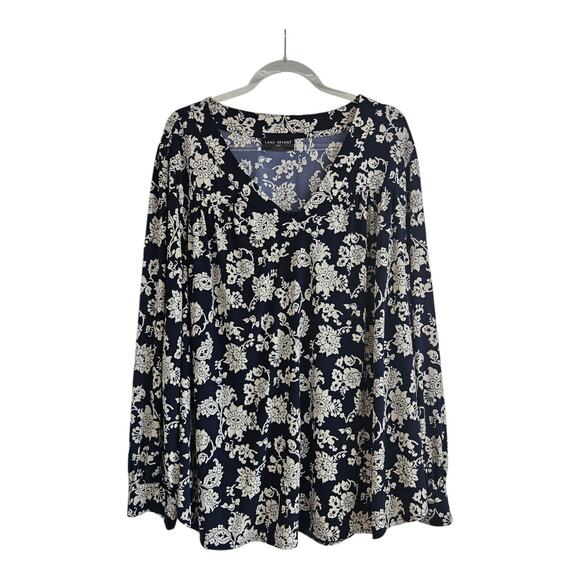 Lane Bryant Navy White Blouse Pullover Floral V-Neck Stretch Womens 26/28 L/S - Picture 1 of 9